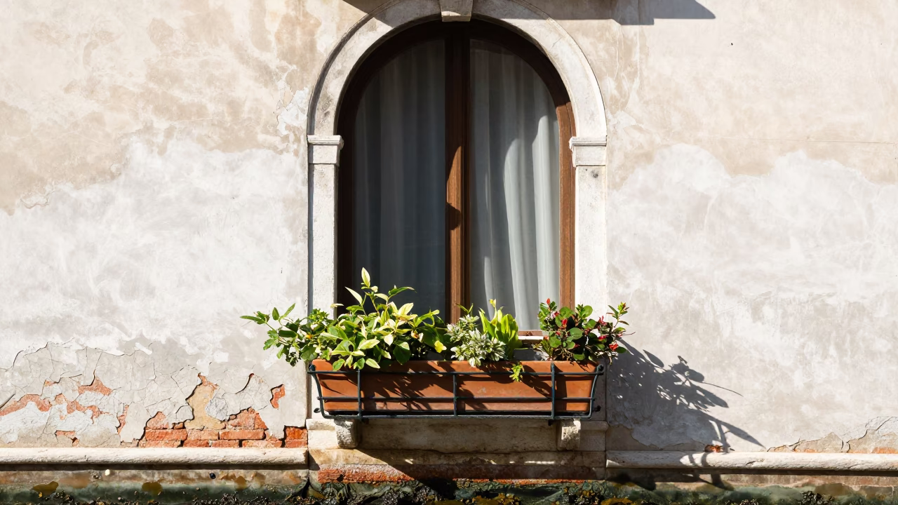 Venice Italy Canal Side Window Box with Greenery in Bright Midmorning Light in in Venice, Italy