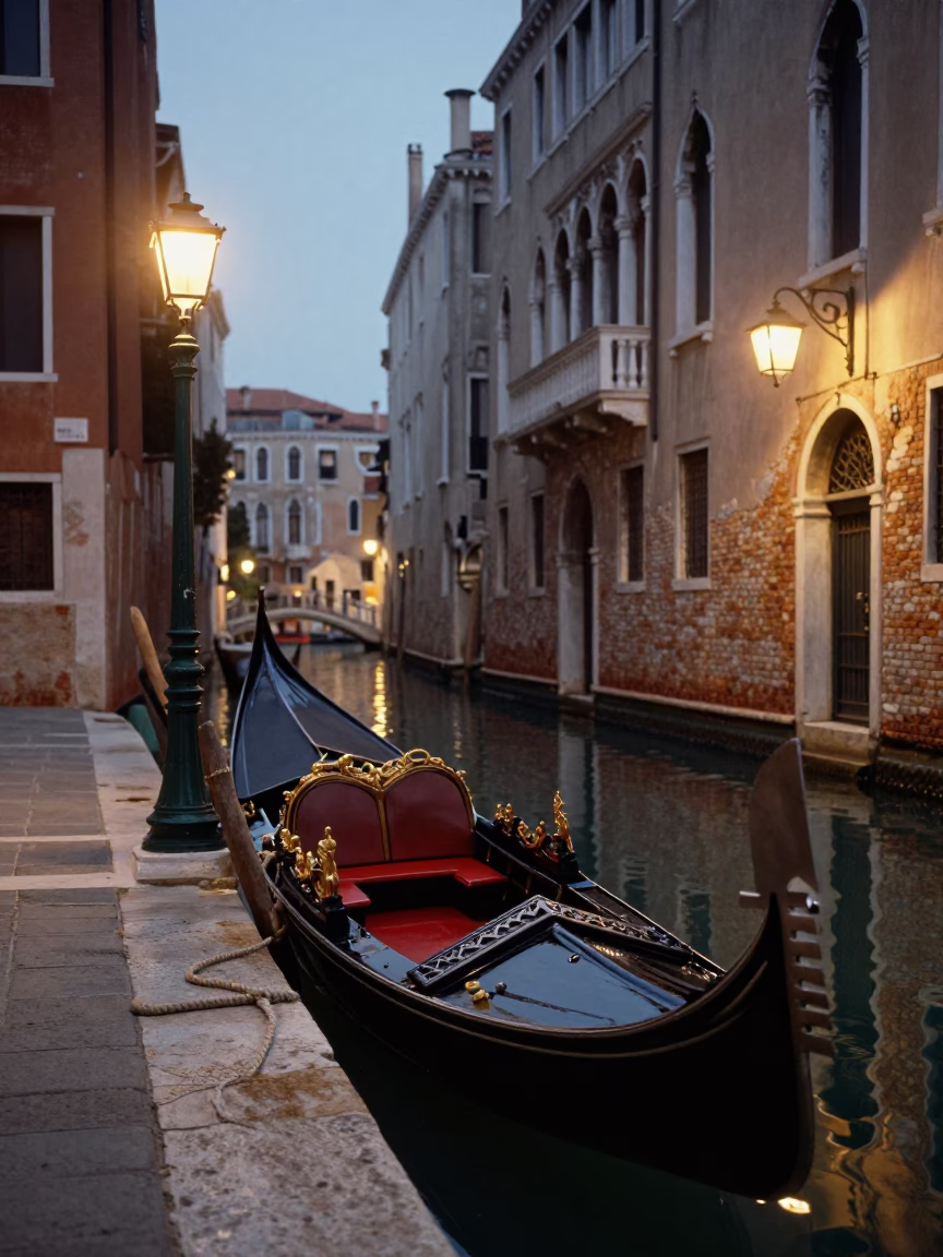 Venice Italy canal street lamps glowing at dusk with gondola mooring rope in in Venice, Italy