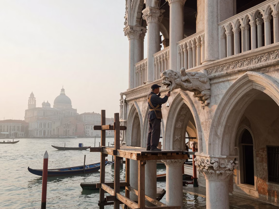 Venice Italy Canal Sunrise Stonemason Carving Gargoyle on Cathedral Scaffold in in Venice, Italy