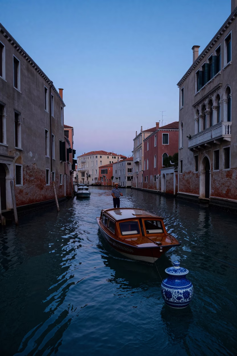Venice Italy Canal Twilight Blue Porcelain Jar and Water Taxi in in Venice, Italy