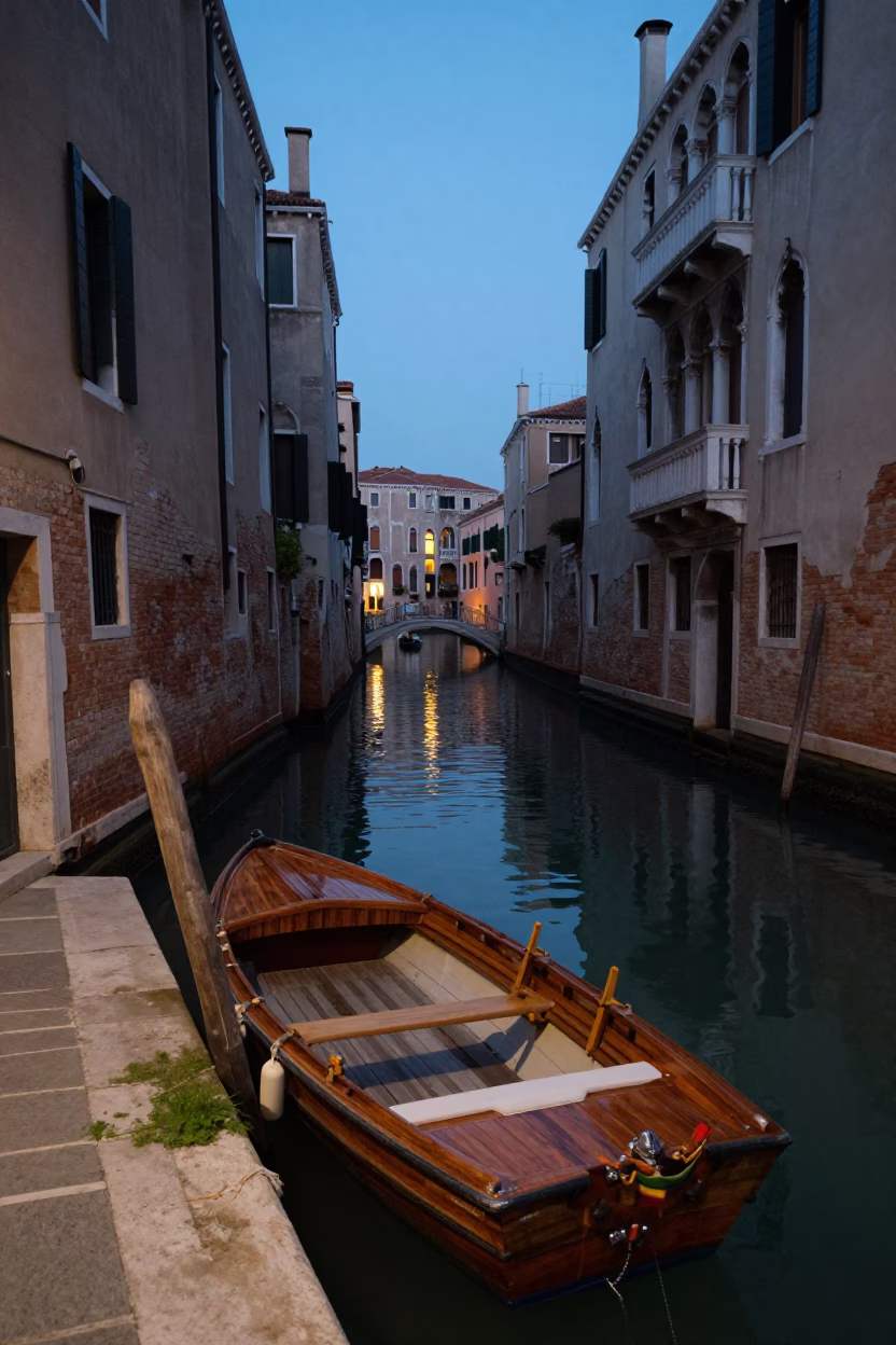Venice Italy Canal Twilight Scene with Wooden Boat and Waterfront Buildings in in Venice, Italy