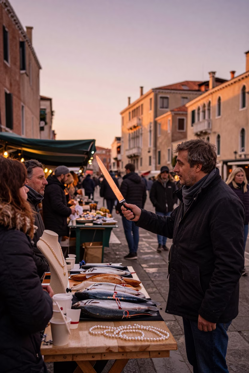 Venice Italy Copper Dusk Bread Knife and Pearl Necklaces Market Scene in in Venice, Italy