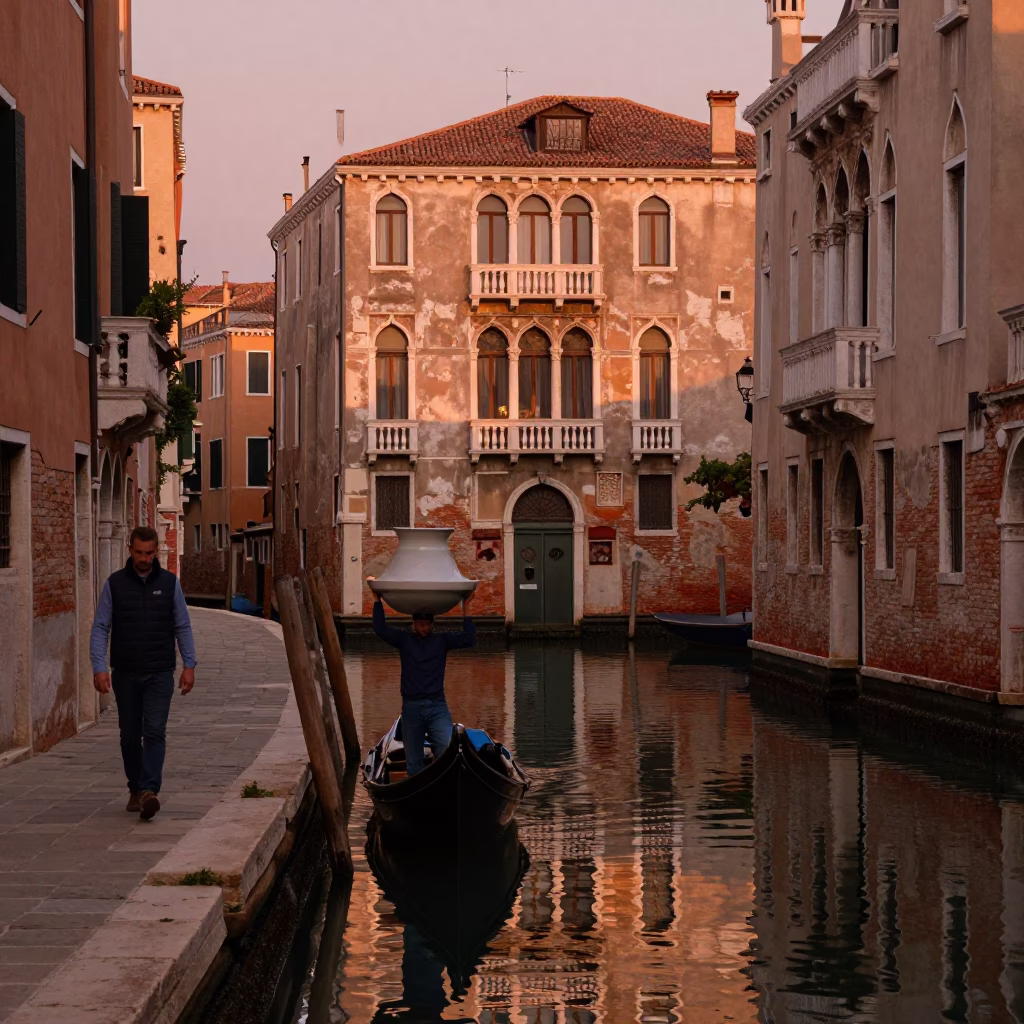 Venice Italy copper dusk canal scene with worker carrying ceramic pitcher near historic bridge in in Venice, Italy