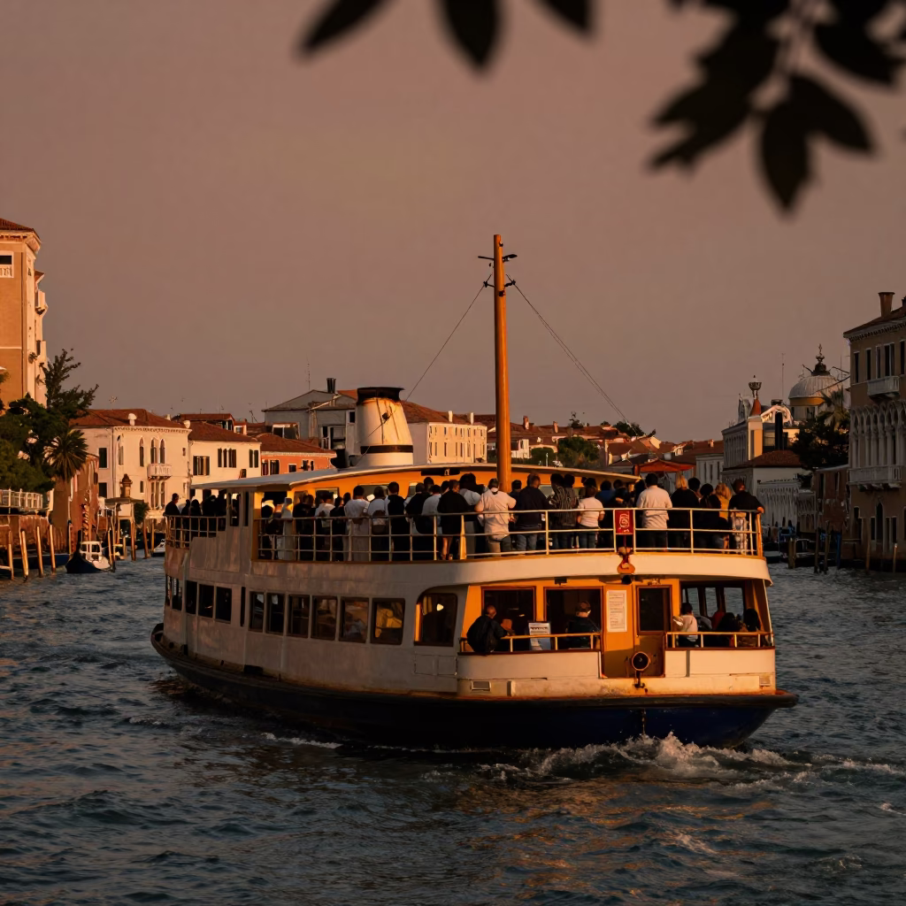 Venice Italy Copper Dusk Ferry Crossing with Leaf Shadows on Frame in in Venice, Italy