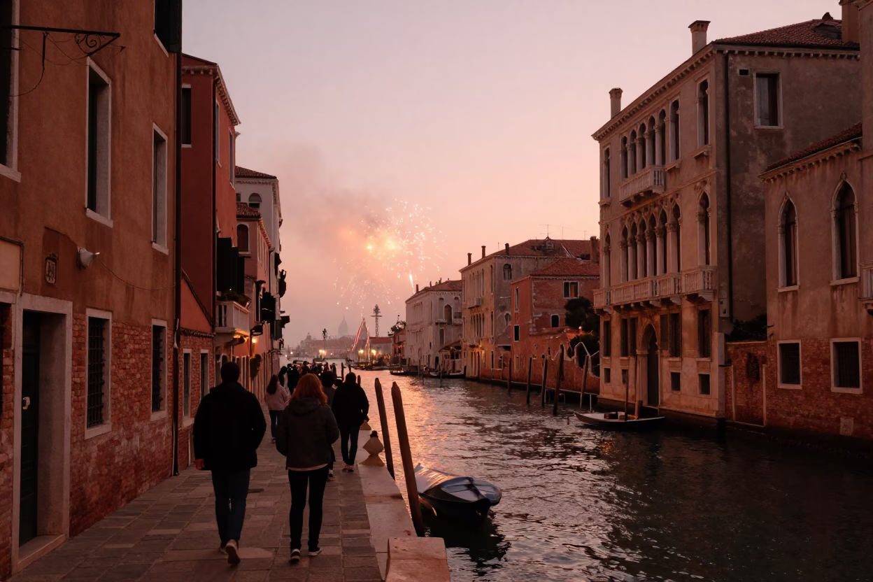 Venice Italy Copper Dusk Street Scene with Fireworks Over Harbor and Local Life in in Venice, Italy