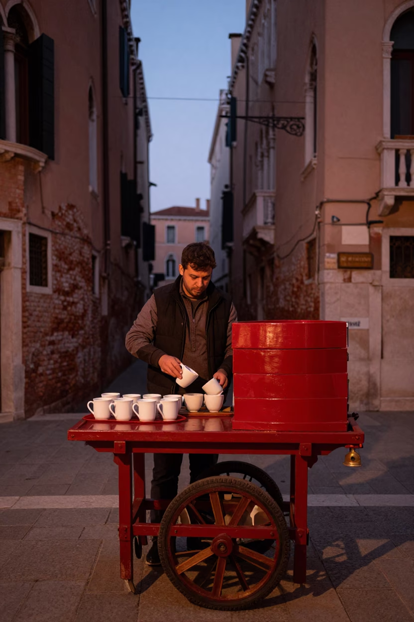 Venice Italy Copper Dusk Street Scene with Red Lacquered Wood and Coffee Mugs in in Venice, Italy
