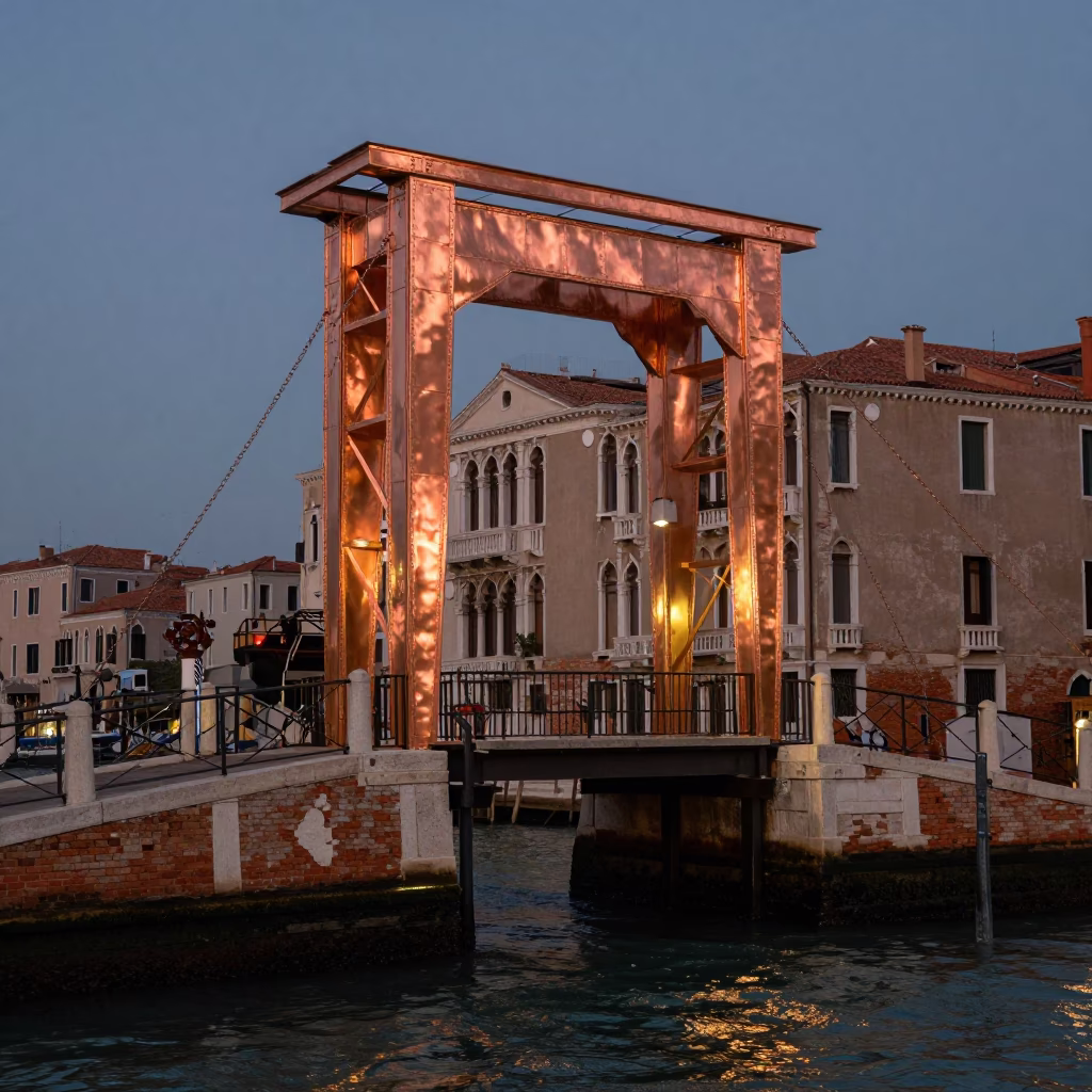Venice Italy Copper Light Drawbridge Counterweight House Over Black Tidal Canal at Dusk in in Venice, Italy