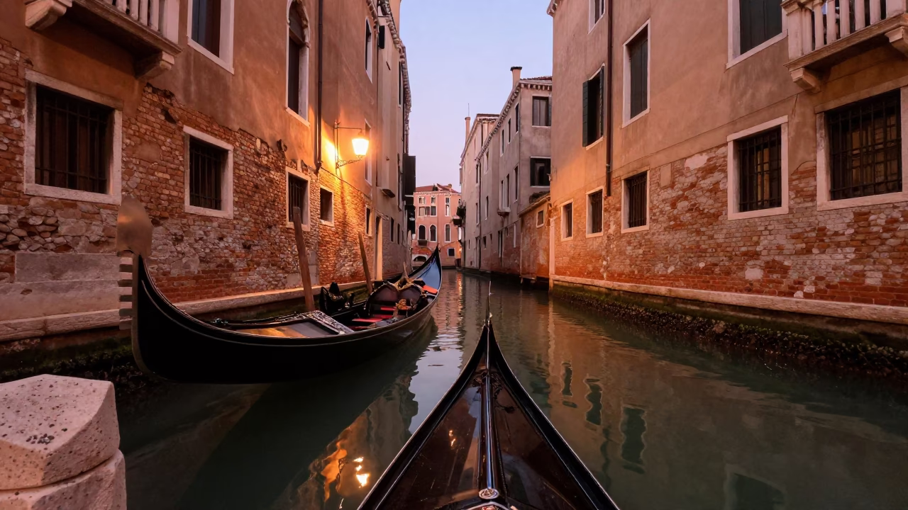 Venice Italy copper-toned dusk light canal scene with local life details in in Venice, Italy