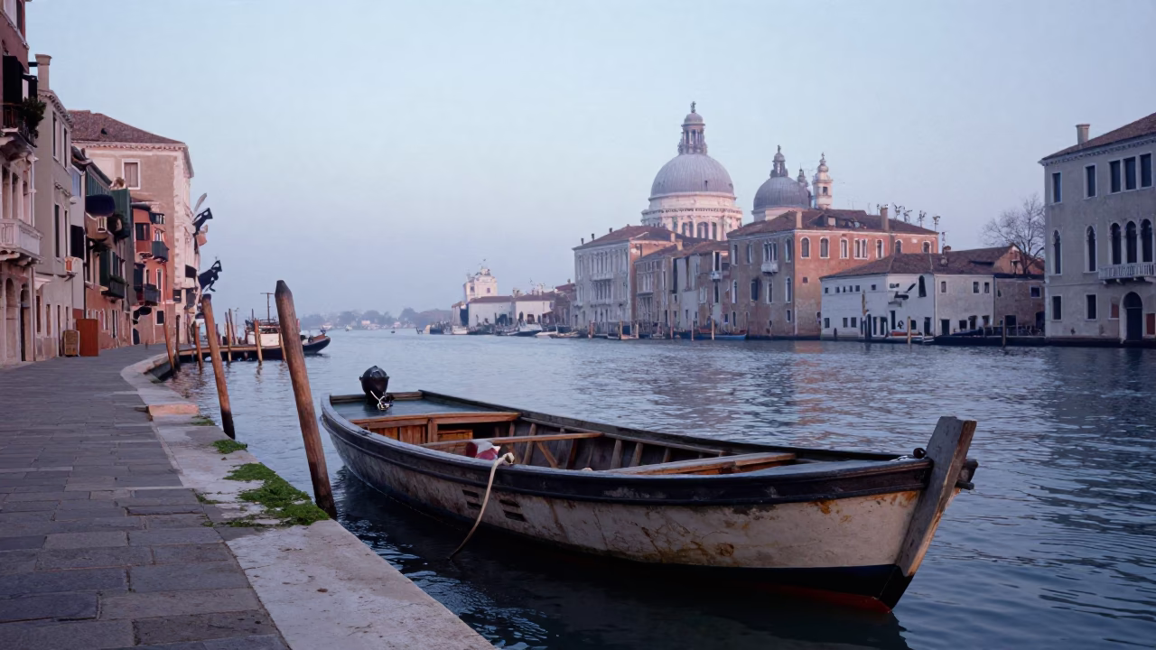 Venice Italy Dawn Canal Scene with Junk Boat and Morning Mist in in Venice, Italy