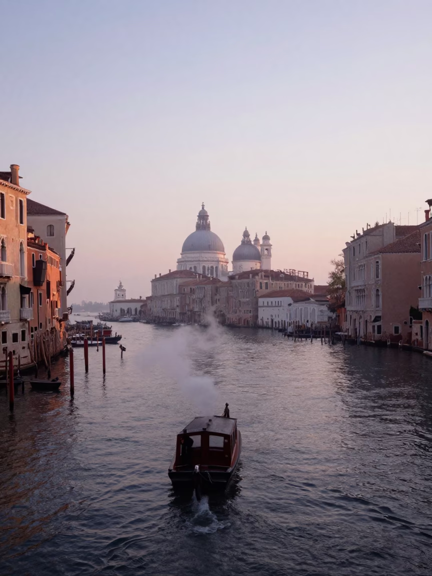 Venice Italy Dawn Canal Scene with Steam and Traditional Architecture in in Venice, Italy