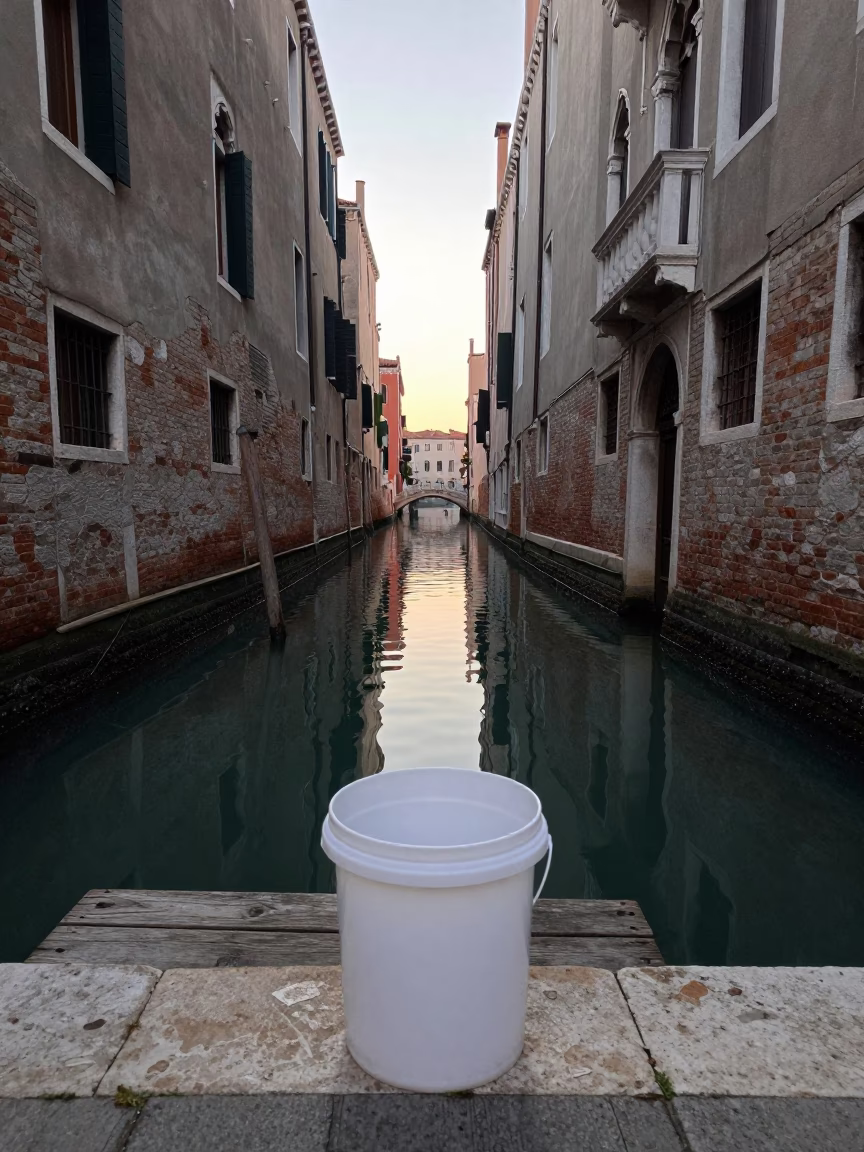 Venice Italy Dawn Canal Scene with White Bucket and Water Reflections in in Venice, Italy