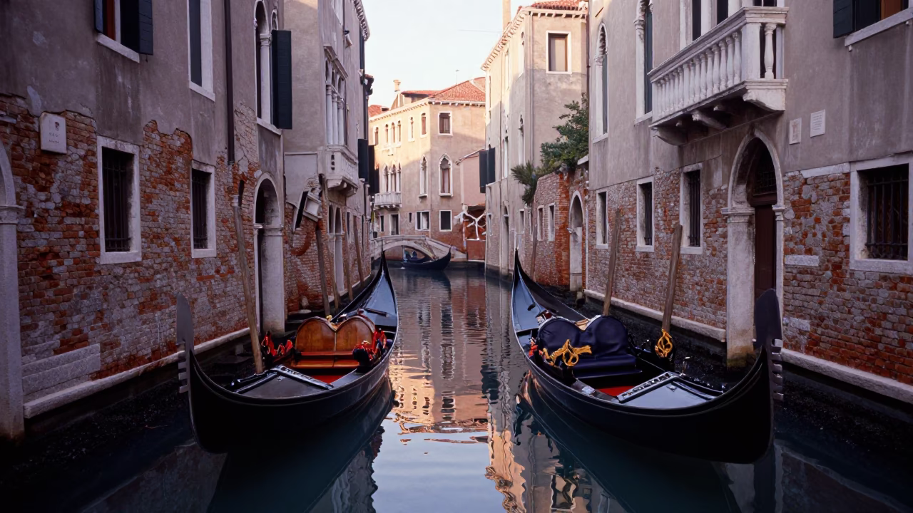 Venice Italy Dawn Canals and Traditional Wooden Gondolas at First Light in in Venice, Italy