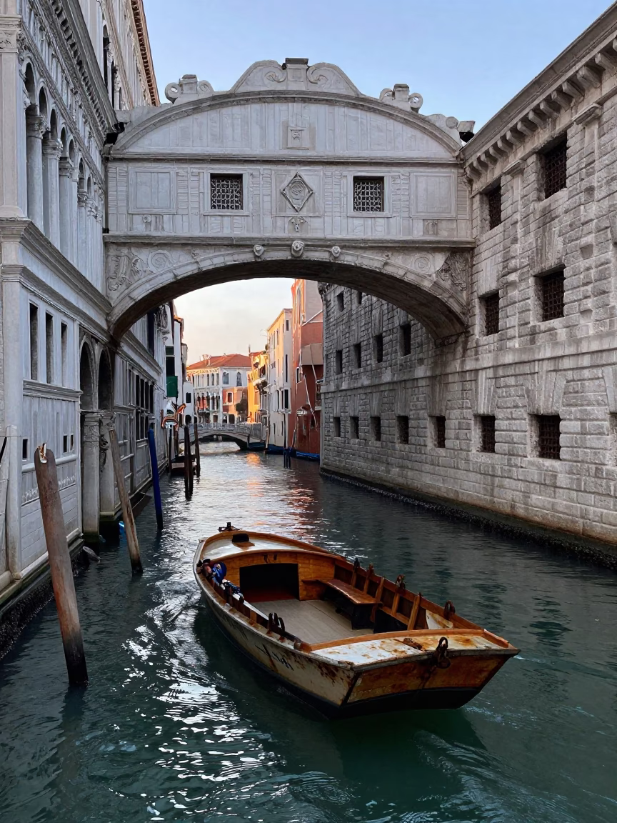 Venice Italy Dawn Gothic Bridge Punt and Rusty Junk Boat Canal Scene in in Venice, Italy