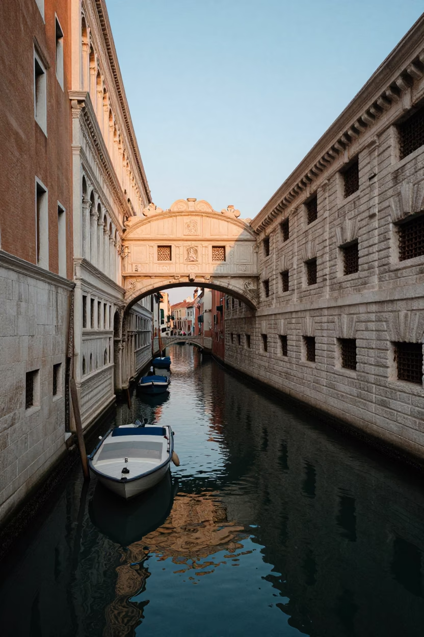 Venice Italy Dawn Light on Narrow Waterway Bridge and Boats in in Venice, Italy