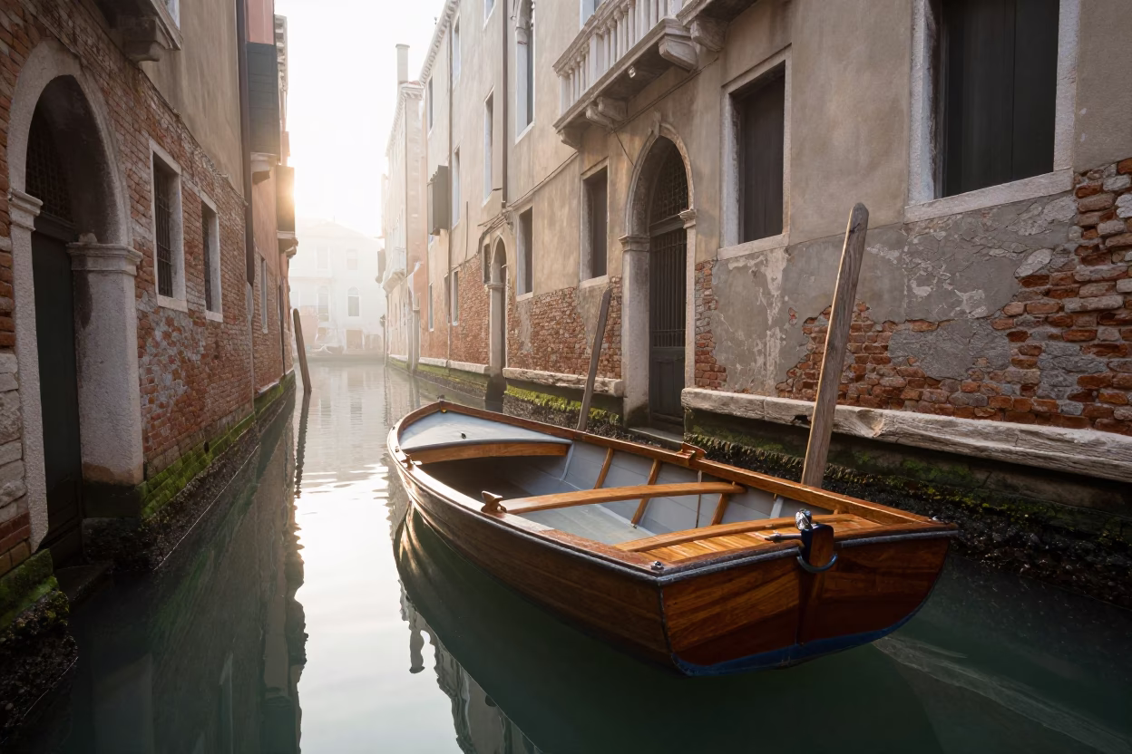 Venice Italy Dawn Mist Rowboat Half-Sunk in Canal Water in in Venice, Italy