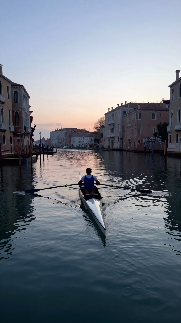 Venice Italy Dawn Rowing Shell on Calm Canal Water at First Light in in Venice, Italy