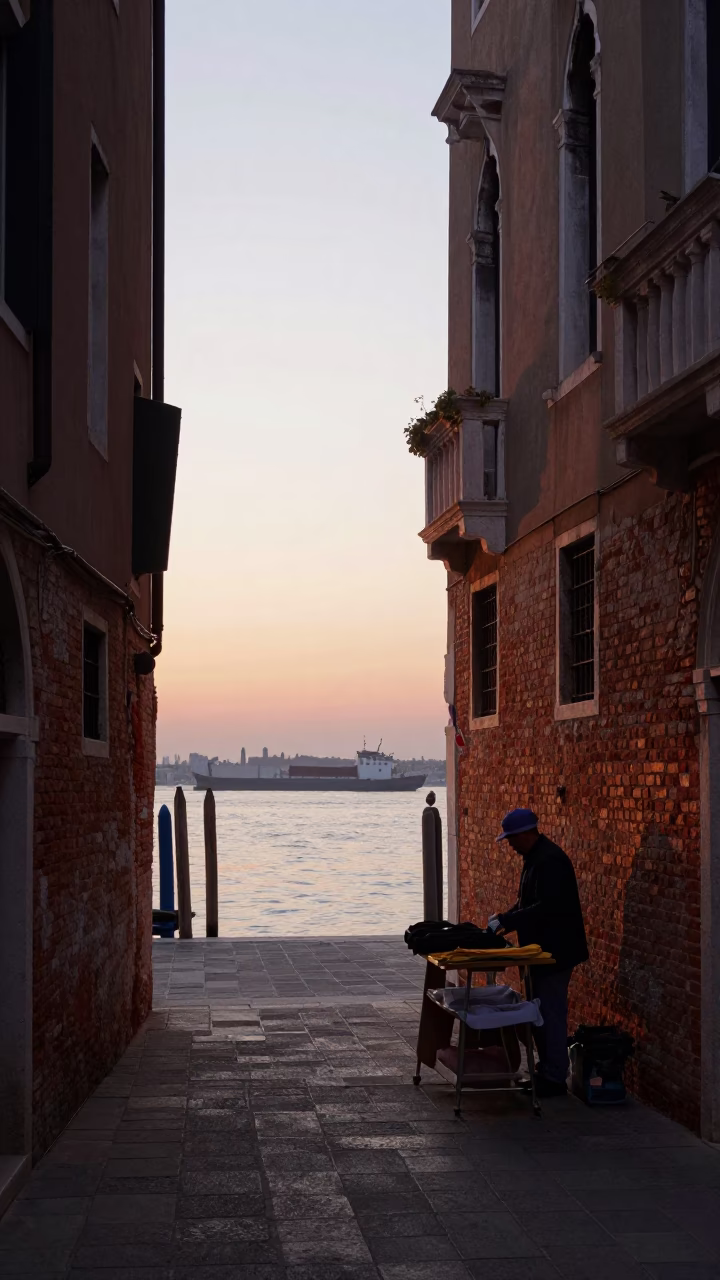 Venice Italy Dawn Street Scene with Cargo Ship Horizon and Brushed Steel Details in in Venice, Italy
