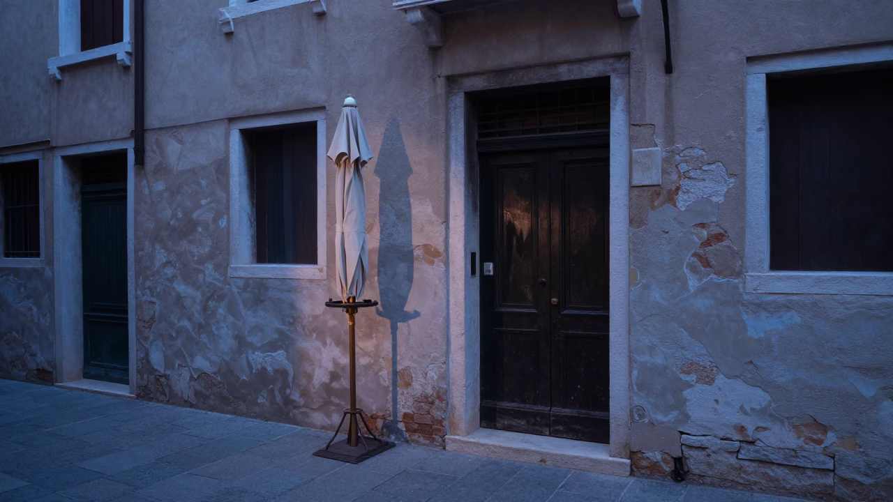Venice Italy Dawn Street Scene with Doorframe and Umbrella Stand in in Venice, Italy