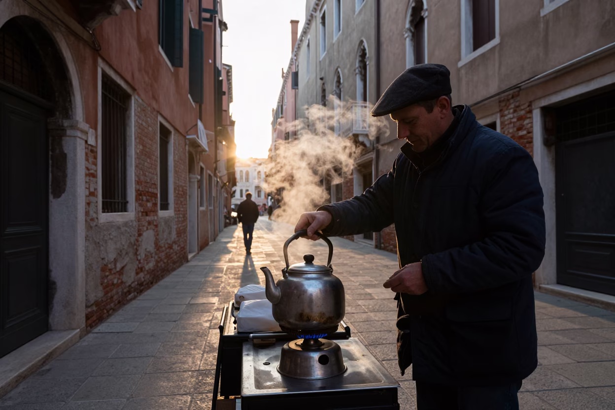 Venice Italy Dawn Street Scene with Tea Kettle and Local Morning Routine in in Venice, Italy