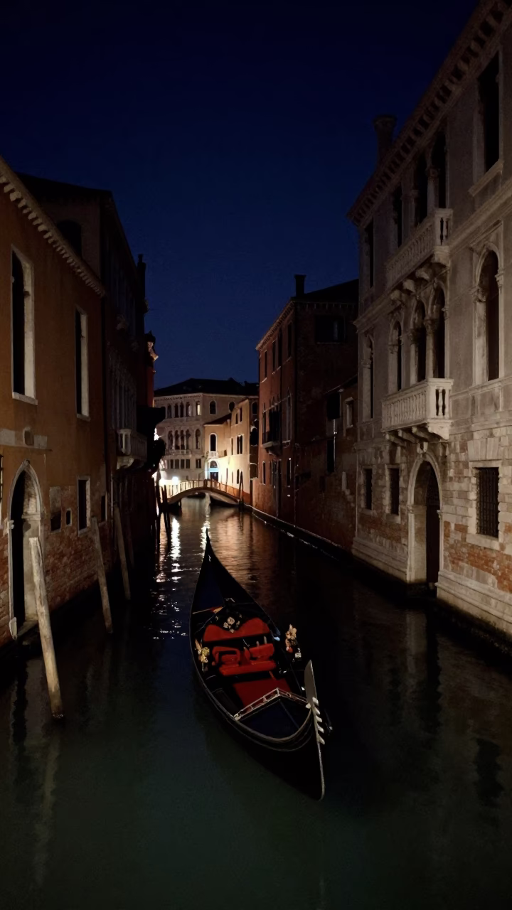 Venice Italy Deep Night Canal Scene with Gondola and Historic Architecture in in Venice, Italy