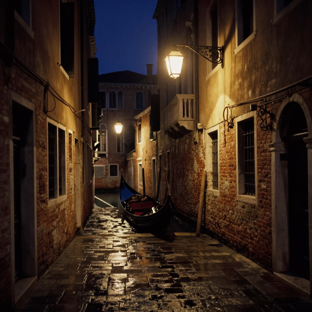 Venice Italy Deep Night Street Scene with Gondola and Canal Reflections in in Venice, Italy