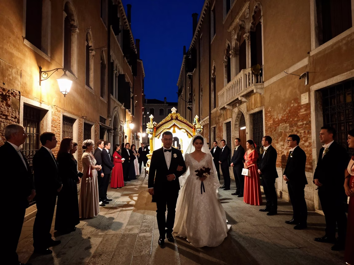 Venice Italy Deep Night Street Scene with Traditional Wedding Procession and Gondola Reflections in in Venice, Italy