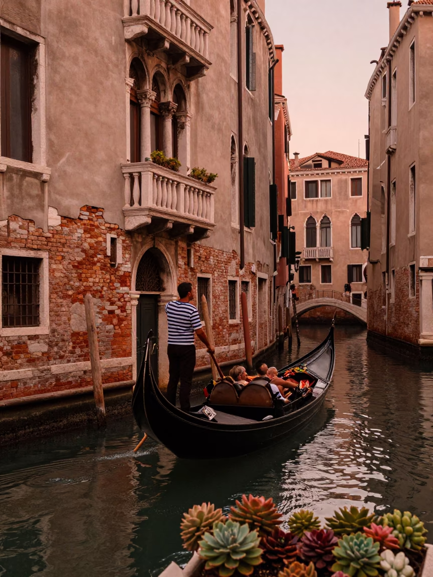 Venice Italy Dusk Canal Scene with Succulents and Gondola Passengers in Copper Light in in Venice, Italy