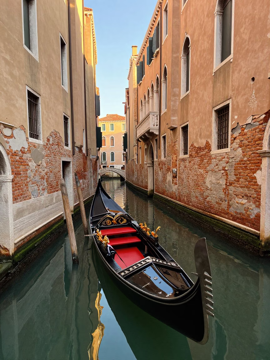 Venice Italy Early Afternoon Canal Scene with Weathered Gondola and Historic Architecture in in Venice, Italy