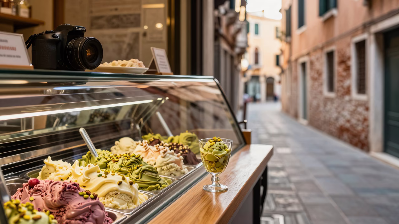 Venice Italy Early Afternoon Gelato Shop Window Display with Colorful Treats and Glass Tumbler in in Venice, Italy