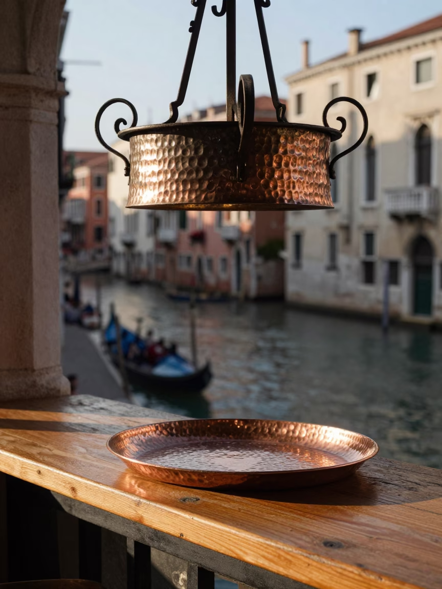 Venice Italy Early Afternoon Street Scene with Hammered Metal and Copper Tray in in Venice, Italy