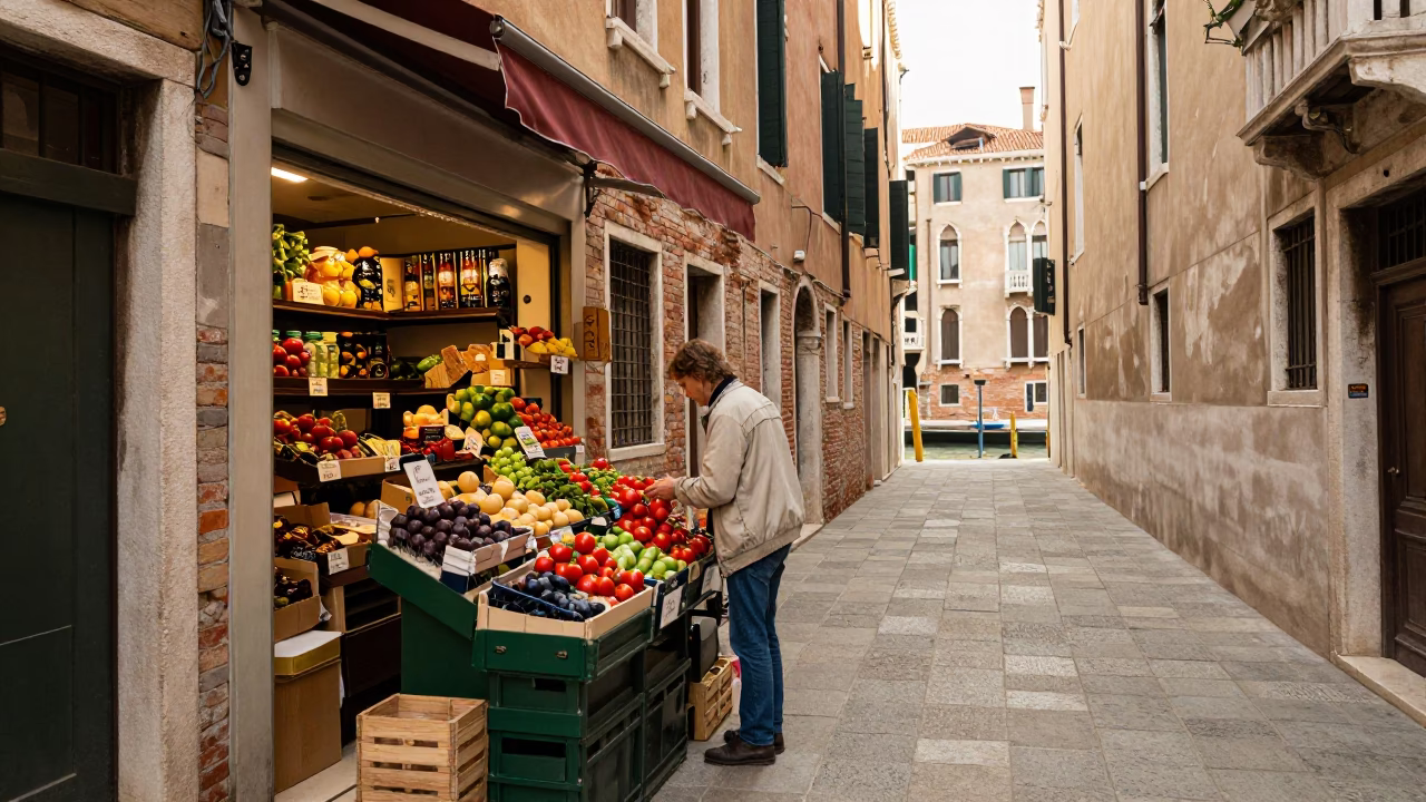 Venice Italy Early Afternoon Street Scene with Local Commerce and Waterfront Details in in Venice, Italy