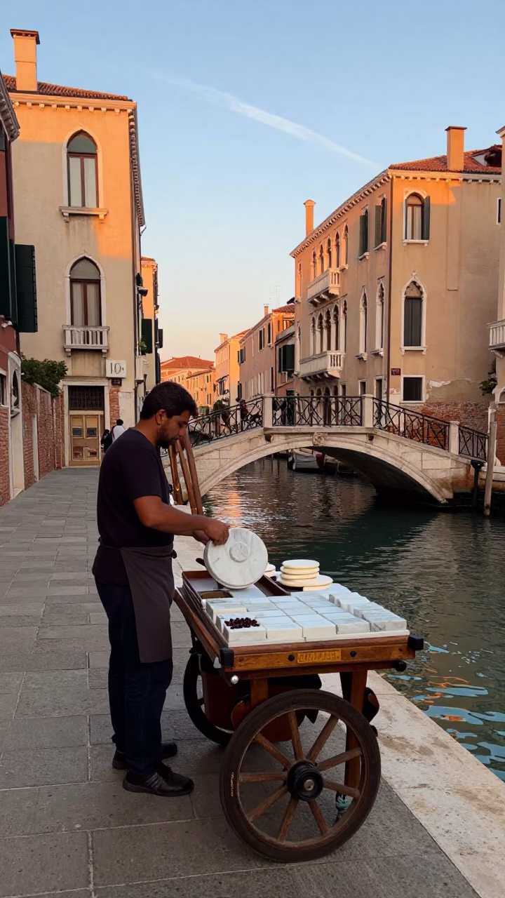 Venice Italy Early Afternoon Street Scene with Local Vendor and Historic Architecture in in Venice, Italy