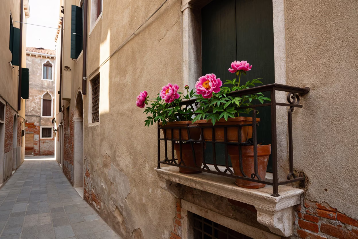 Venice Italy Early Afternoon Street Scene with Potted Peonies and Historic Architecture in in Venice, Italy