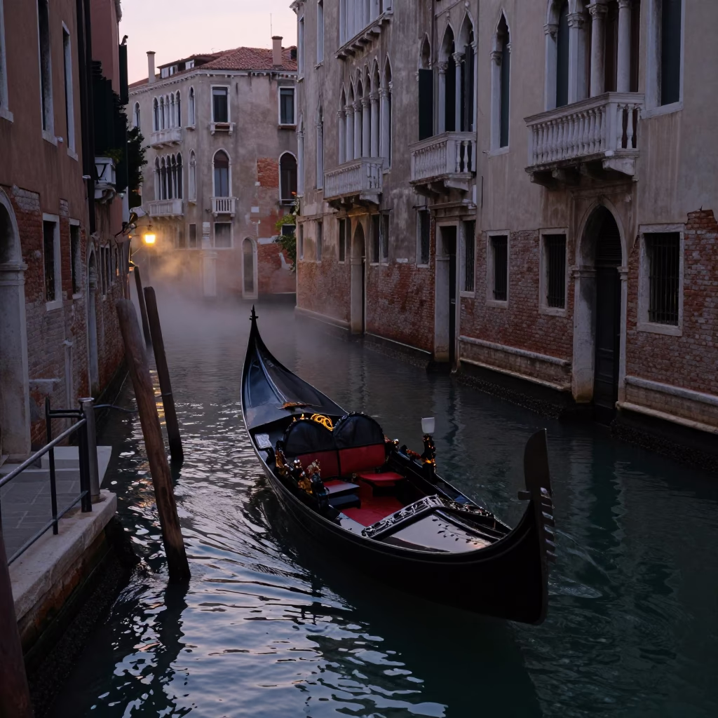 Venice Italy Early Evening Canal Scene with Gondola and Steam Haze in in Venice, Italy