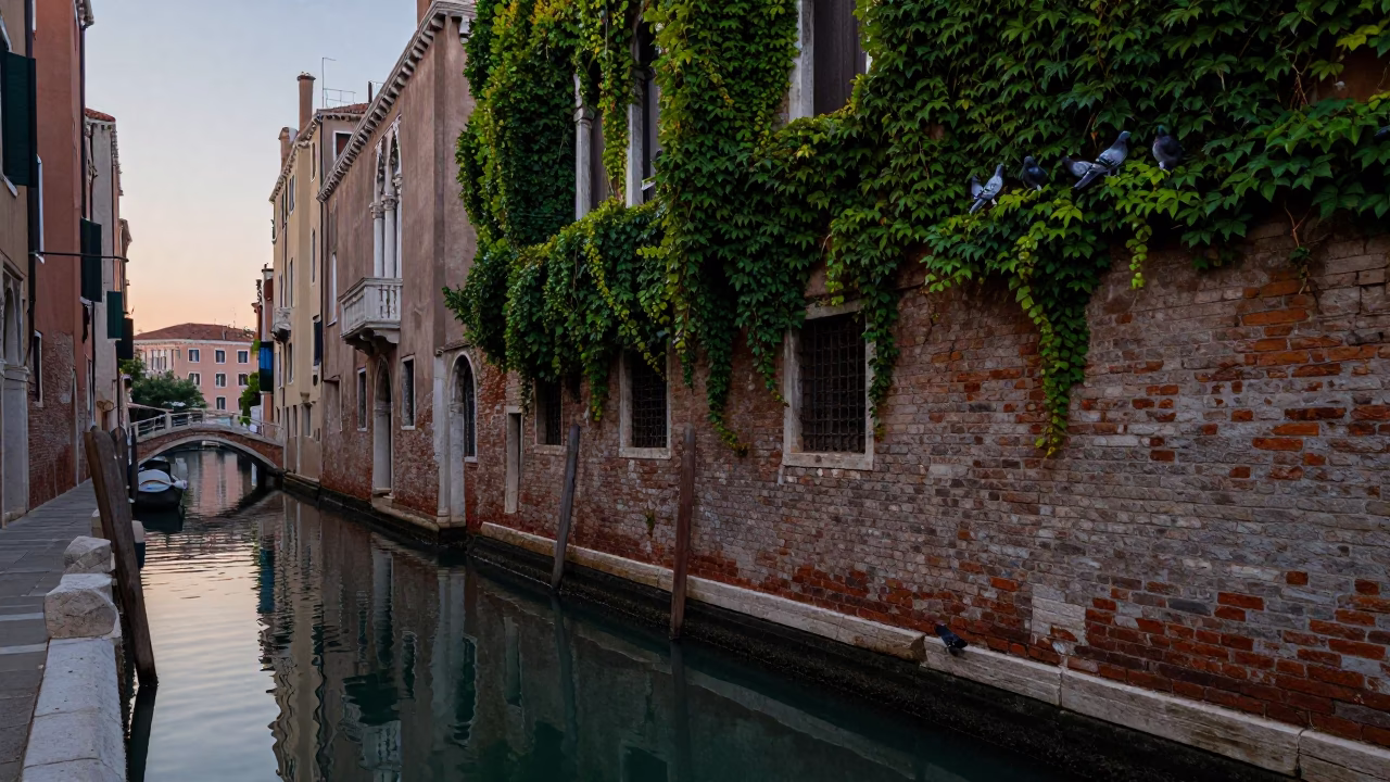 Venice Italy Early Evening Canal Scene with Pigeons and Ivy Vines in in Venice, Italy