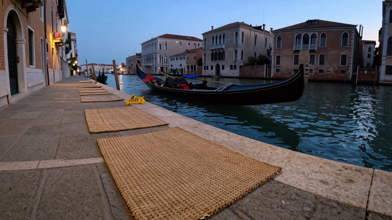 Venice Italy Early Evening Canal Scene with Woven Mats and Heritage Tram in in Venice, Italy