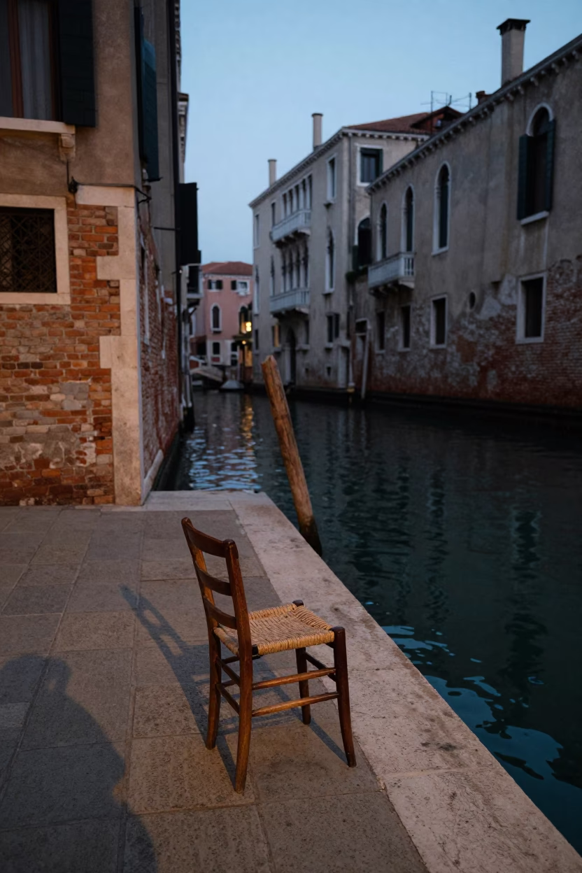 Venice Italy Early Evening Canal Side Chair and Waterfront Street Scene in in Venice, Italy
