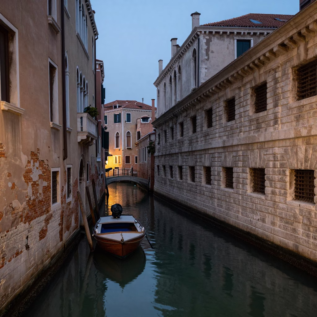 Venice Italy early evening canal view with historic architecture and water reflections in in Venice, Italy