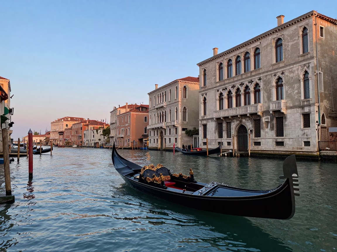 Venice Italy Early Evening Canal View with Traditional Gondola and Historic Architecture in in Venice, Italy