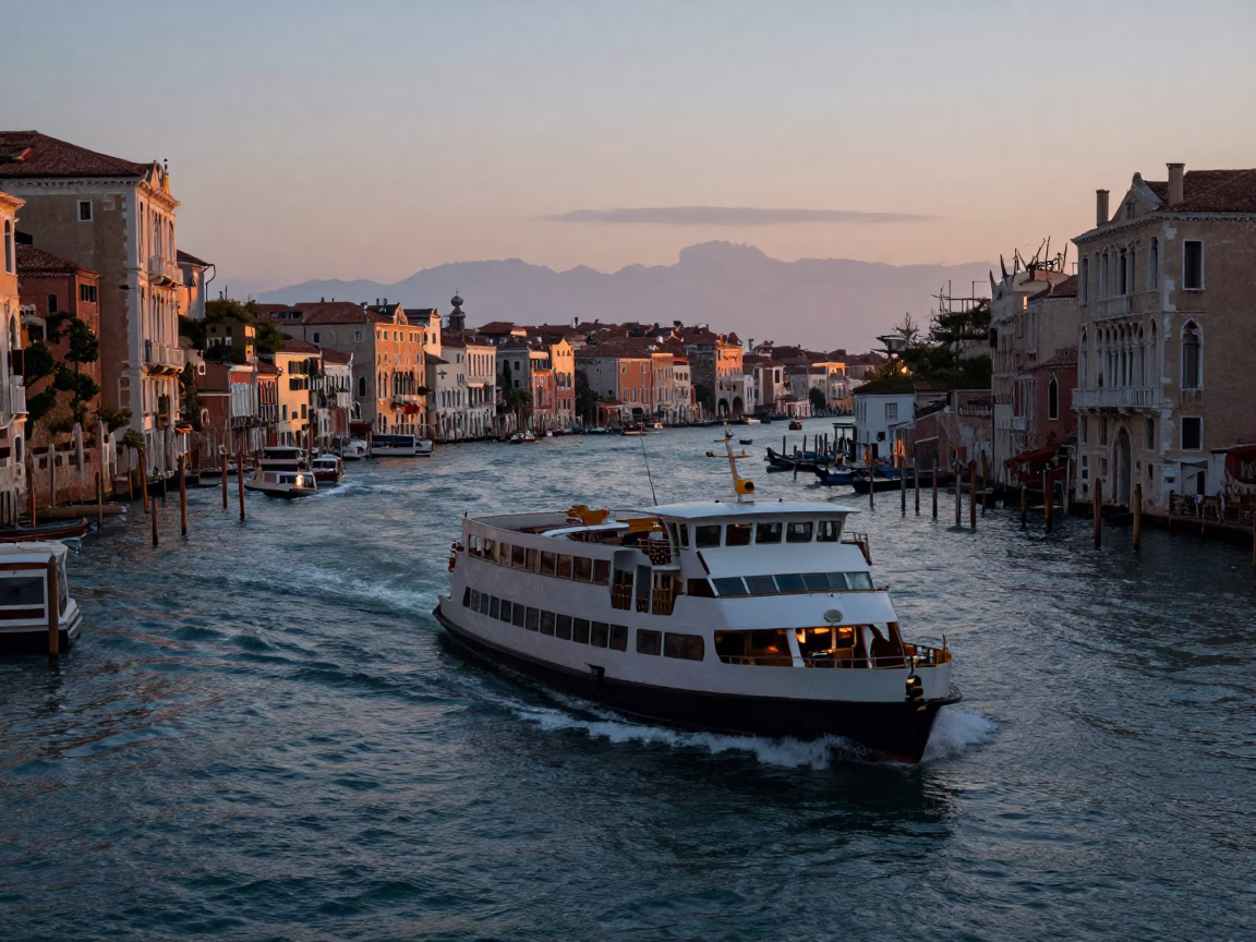 Venice Italy Early Evening Grand Canal Ferry Departure with Mountains in Background in in Venice, Italy