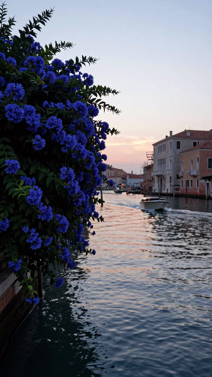 Venice Italy Early Evening Plumbago Hedge and Lagoon Water Reflections in in Venice, Italy