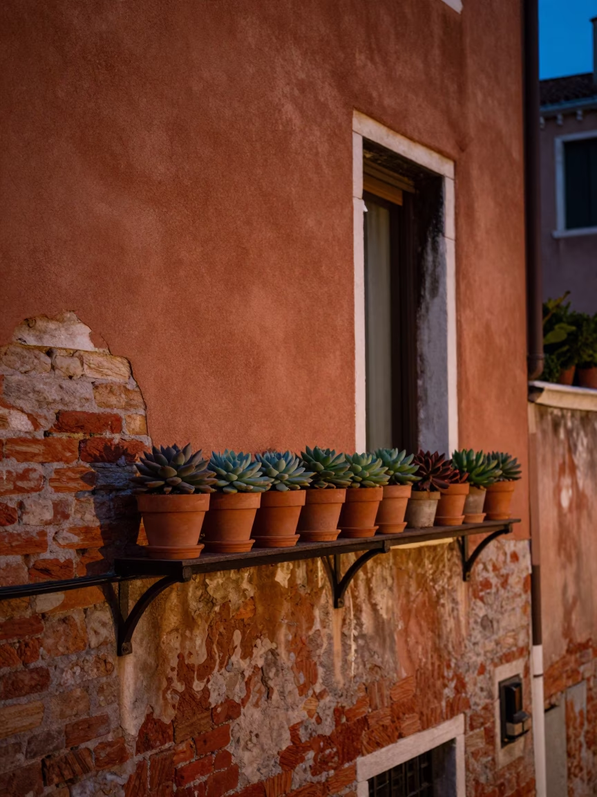 Venice Italy Early Evening Rusty Wall with Terracotta Succulents and Local Street Life in in Venice, Italy