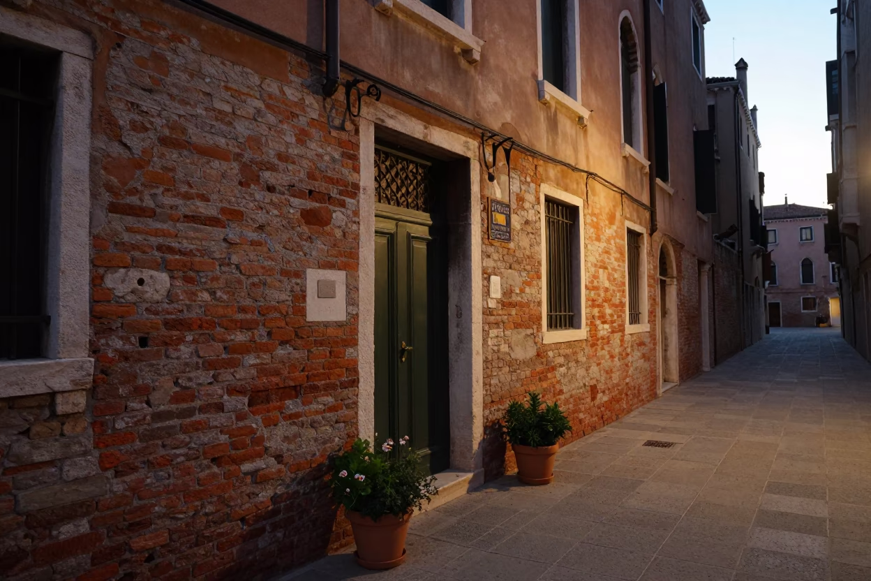 Venice Italy Early Evening Street Scene with Potted Herbs and Historic Stone Architecture in in Venice, Italy