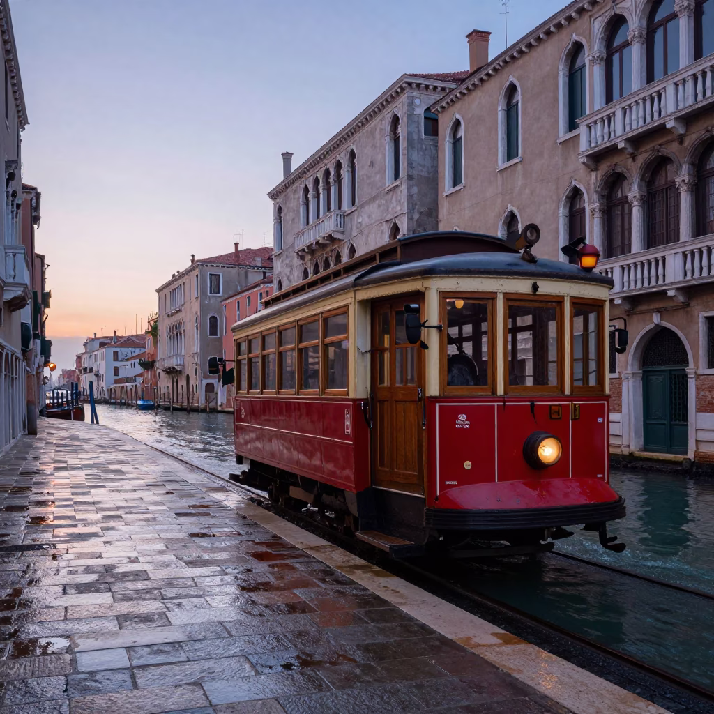 Venice Italy early morning canal scene with old trolley and historic architecture before sunrise in in Venice, Italy