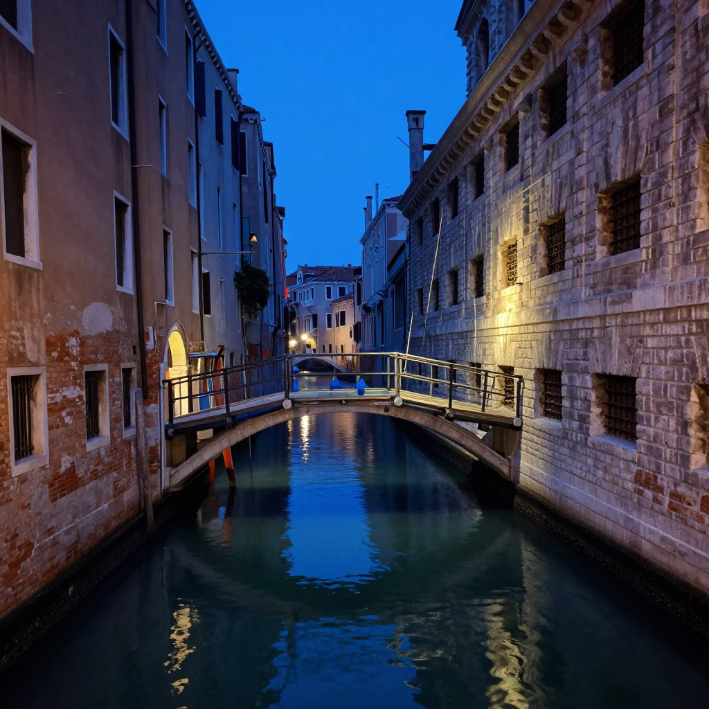 Venice Italy Evening Blue Hour Bridge Maintenance Cage Swinging Near Historic Canals in in Venice, Italy