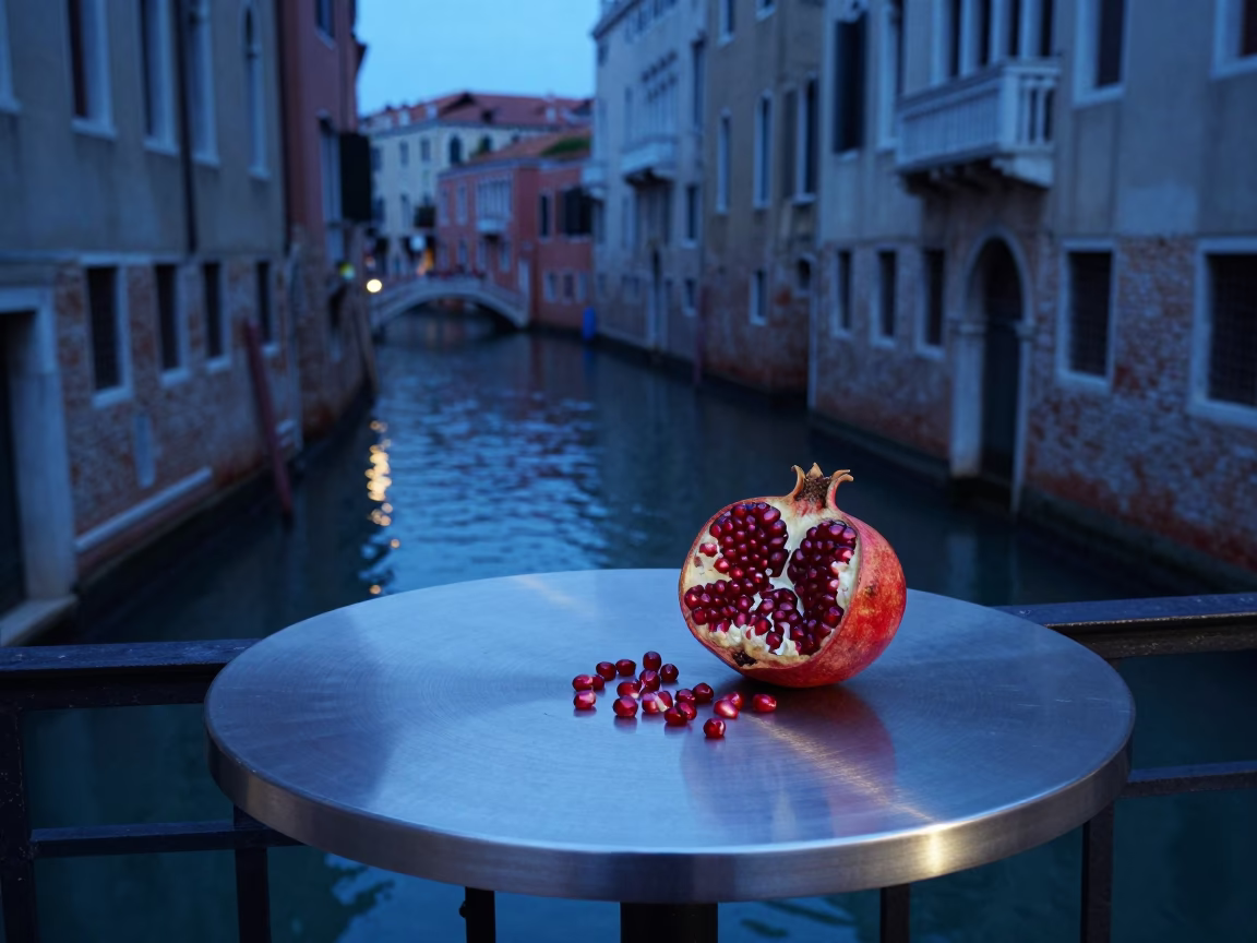 Venice Italy Evening Blue Hour Brushed Steel Tabletop with Pomegranate and Pincushion in in Venice, Italy