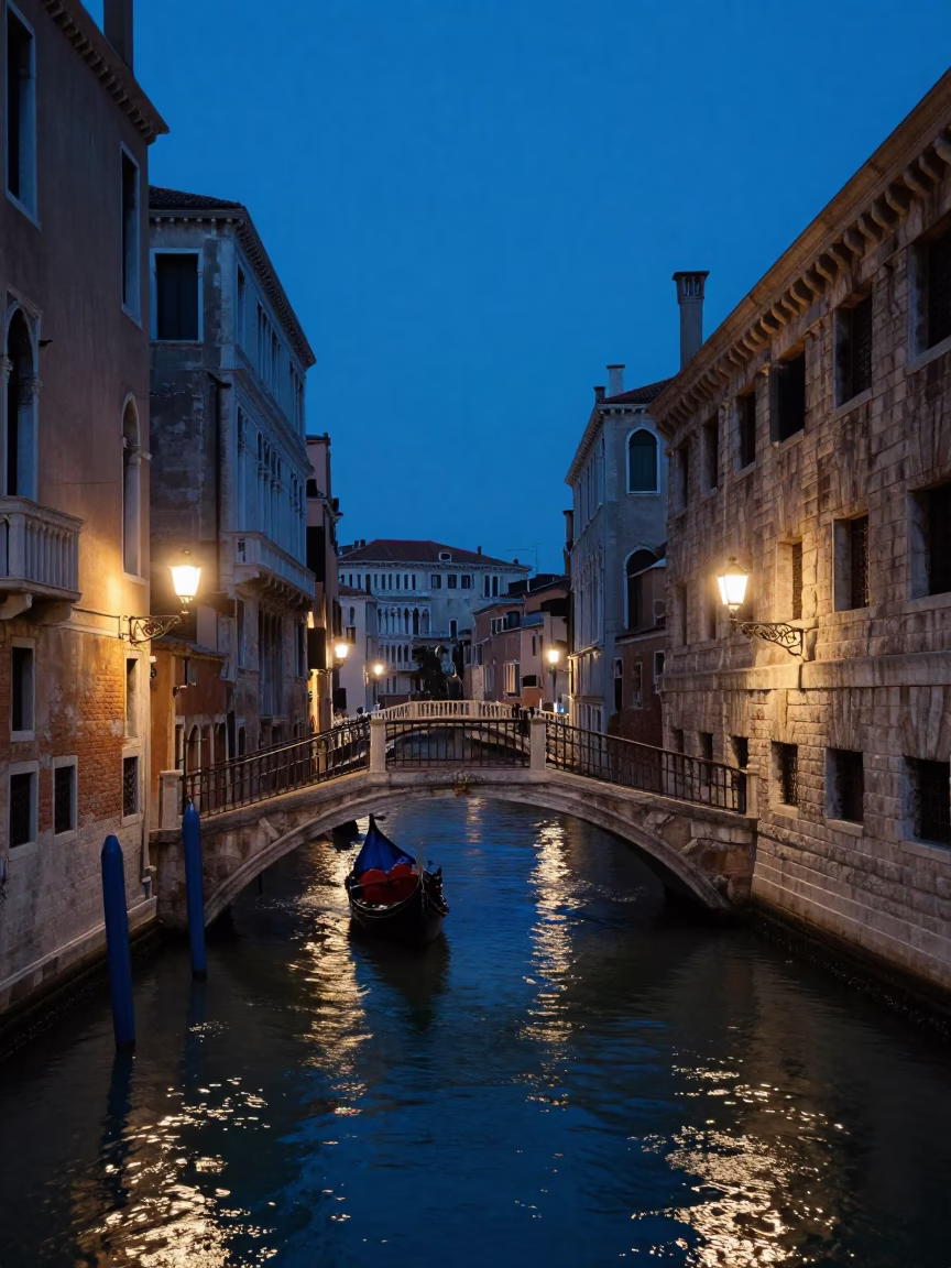 Venice Italy Evening Blue Hour Canal Bridge and Gondola Silhouette in in Venice, Italy