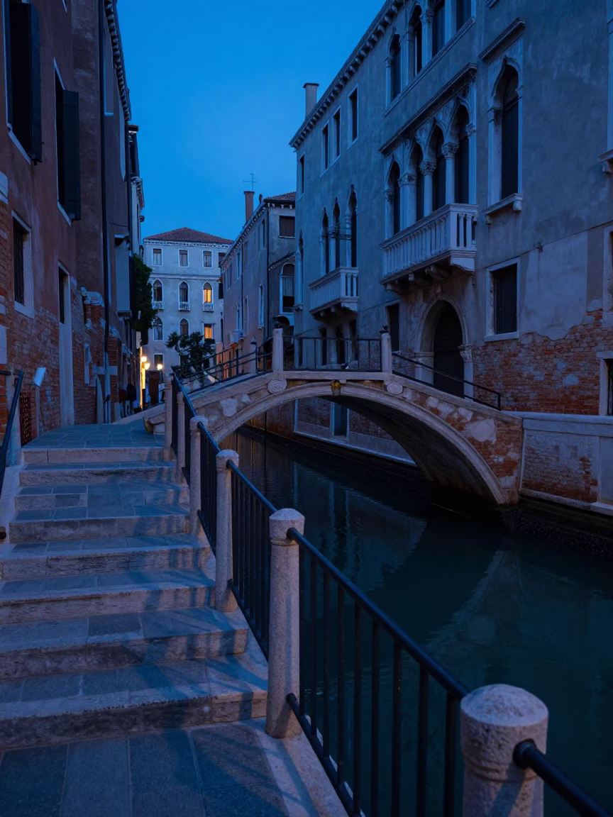 Venice Italy Evening Blue Hour Canal Bridge Stair Rail and Tin Box in in Venice, Italy