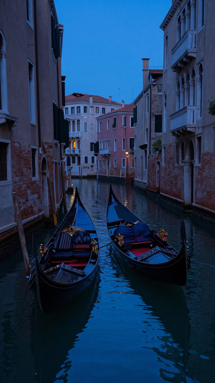 Venice Italy evening blue hour canal scene with gondola and historic architecture in in Venice, Italy