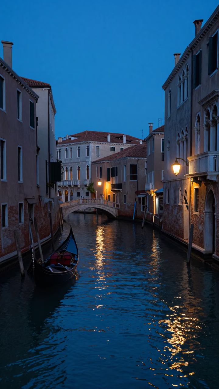 Venice Italy Evening Blue Hour Canal Scene with Gondola and Traditional Architecture in in Venice, Italy